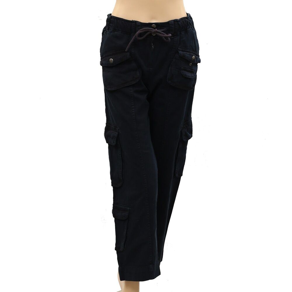 Free People Cargo Trousers Pants Low-Rise Denim Solid Smocked Cotton XS 287262